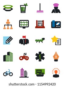 Color and black flat icon set - hierarchy vector, abacus, pencil, rake, caterpillar, monitor pulse, ambulance star, bike, gamepad, favorites list, office building, news, ink pen, mailbox, cook