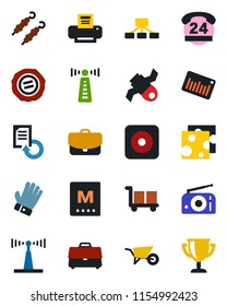 Color and black flat icon set - antenna vector, document reload, stamp, wheelbarrow, glove, satellite, 24 hours, cargo, barcode, radio, rec button, case, printer, menu, kebab, cheese, hierarchy