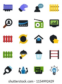 Color and black flat icon set - fence vector, glove, garden light, truck trailer, warehouse storage, rack, radio, speaker, hdmi, update, monitor statistics, news, meeting, waiter, credit card, idea