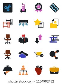 Color and black flat icon set - clouds vector, hierarchy, office chair, medal, wheelbarrow, pills blister, real heart, phone, film frame, share, favorites list, data exchange, cut, estate document