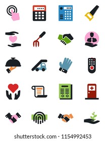 Color and black flat icon set - ladder car vector, medical room, handshake, garden fork, glove, saw, heart hand, client, touch screen, fingerprint id, contract, waiter, remote control, palm sproute