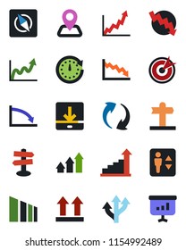 Color and black flat icon set - elevator vector, growth statistic, crisis graph, route, signpost, navigation, up side sign, sorting, update, download, compass, target, arrow, clock, presentation