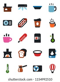 Color and black flat icon set - coffee machine vector, fireplace, thermometer, air conditioner, bread, hot dog, bowl, turkish, water heater, balloon