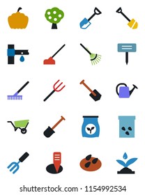 Color and black flat icon set - job vector, garden fork, shovel, farm, rake, watering can, wheelbarrow, hoe, plant label, pumpkin, seeds, fertilizer, drip irrigation, fruit tree