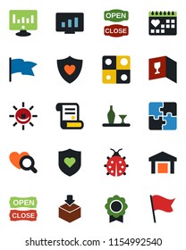 Color and black flat icon set - statistic monitor vector, contract, lady bug, heart diagnostic, shield, medical calendar, warehouse, package, application, sertificate, alcohol, wine card, open close