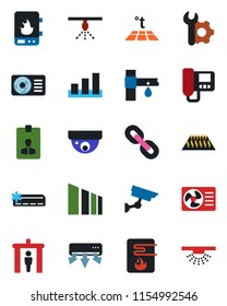 Color and black flat icon set - security gate vector, identity card, drip irrigation, sorting, chain, root setup, air conditioner, water heater, intercome, warm floor, surveillance, sprinkler