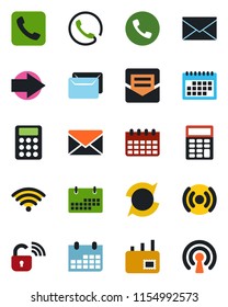 Color and black flat icon set - phone vector, right arrow, mail, calendar, call, update, calculator, wireless, lock