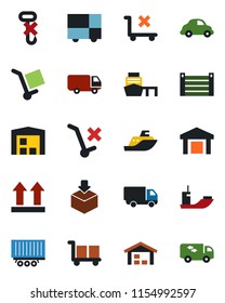 Color and black flat icon set - sea shipping vector, truck trailer, car delivery, port, container, consolidated cargo, up side sign, no trolley, hook, warehouse, package, moving