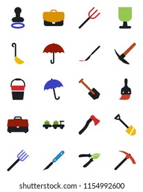 Color and black flat icon set - umbrella vector, stamp, baggage larry, job, farm fork, bucket, pruner, axe, scalpel, fragile, themes, case, ladle, hard work