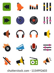 Color and black flat icon set - vinyl vector, flame disk, radio, speaker, loudspeaker, settings, equalizer, microphone, headphones, fast forward, rewind, tuning, bell, mute, sound, advertising