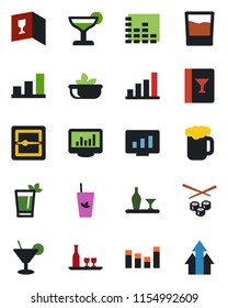 Color and black flat icon set - statistic monitor vector, equalizer, scanner, statistics, bar graph, alcohol, wine card, drink, cocktail, phyto, beer, salad, sushi, arrow up