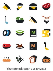 Color and black flat icon set - menu vector, salad, plates, waiter, bread, chicken, steak, hamburger, ladle, rolling pin, sushi, cheese