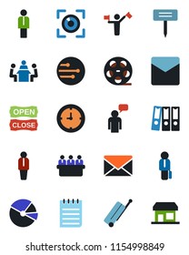 Color and black flat icon set - dispatcher vector, suitcase, manager, speaking man, mail, notepad, meeting, plant label, clock, reel, network, pie graph, paper binder, open close, eye scan