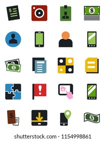 Color and black flat icon set - mobile phone vector, identity card, document, important flag, cash, tracking, camera, user, download, application, restaurant receipt, home control app