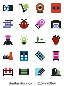 Color and black flat icon set - escalator vector, office binder, pencil, lady bug, blood test vial, pills blister, real heart, container, cargo, film frame, record, archive box, garage, factory