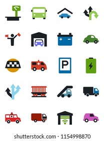 Color and black flat icon set - dispatcher vector, taxi, airport bus, parking, ladder car, ambulance, route, railroad, delivery, heavy scales, garage, gate control, battery