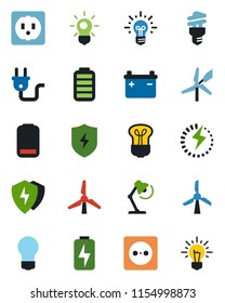 Color and black flat icon set - bulb vector, battery, low, protect, charge, desk lamp, windmill, socket, power plug, energy saving, idea