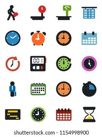 Color and black flat icon set - alarm clock vector, flight table, calendar, heavy scales, stopwatch, manager, schedule, sand