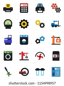 Color and black flat icon set - coffee machine vector, fork loader, gear, ripper, tomography, printer, copier, crane, water filter, washer, combination lock