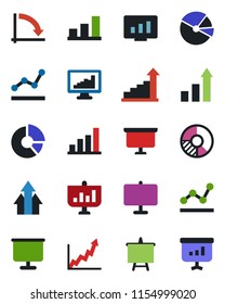 Color and black flat icon set - growth statistic vector, presentation board, crisis graph, monitor, circle chart, statistics, bar, pie, point, arrow up