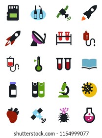 Color and black flat icon set - satellite antenna vector, book, blood test vial, dropper, microscope, ampoule, real heart, virus, sd, thermometer, rocket, flask
