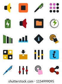 Color and black flat icon set - package vector, sorting, settings, touch screen, stop button, menu, folder, charge, application, pen, sound, information, social media