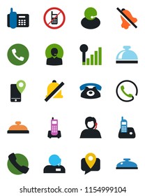 Color and black flat icon set - phone vector, no mobile, reception bell, office, support, tracking, radio, call, mute, cellular signal