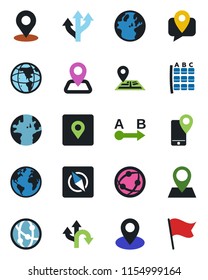 Color and black flat icon set - seat map vector, route, navigation, earth, pin, mobile tracking, network, place tag, compass, flag