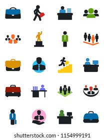 Color and black flat icon set - manager vector, pedestal, team, place, client, case, company, desk, career ladder, group