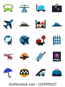 Color and black flat icon set - plane vector, runway, taxi, suitcase, baggage trolley, airport bus, umbrella, passport, ladder car, helicopter, seat map, luggage storage, scales, globe, mountains