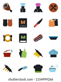 Color and black flat icon set - cook vector, cafe, hat, menu, bacon, salt and pepper, ham, bowl, rolling pin, cutting board, knife, steaming pan