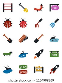 Color and black flat icon set - job vector, garden fork, shovel, lady bug, caterpillar, pond, rack, rent, bacon, open close, rocket