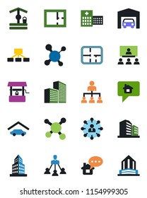 Color and black flat icon set - hierarchy vector, well, molecule, hospital, office building, garage, plan, home message