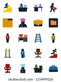Color and black flat icon set - manager vector, desk, place, ladder, folder, career, cook, office chair, case