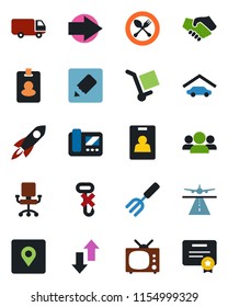 Color and black flat icon set - runway vector, spoon and fork, right arrow, garden, car delivery, cargo, no hook, notes, data exchange, place tag, identity card, garage, tv, intercome, pass, group