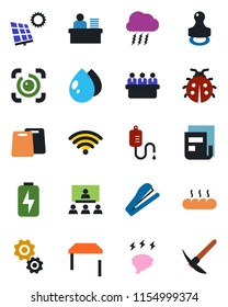 Color and black flat icon set - storm cloud vector, brainstorm, meeting, lady bug, water drop, dropper, eye id, charge, news, manager desk, hierarchy, stamp, stapler, sun panel, table, wireless