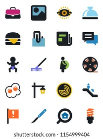 Color and black flat icon set - escalator vector, reception bell, baby, radar, case, rake, garden light, scalpel, pregnancy, important flag, reel, news, message, gallery, eye id, paper clip