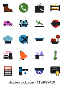 Color and black flat icon set - arrival vector, phone, left arrow, luggage scales, factory, boot, drip irrigation, plane, rack, bell, hr, manager desk, cook hat, bowl, thermometer, combination lock