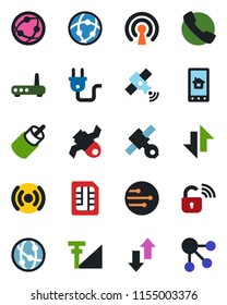 Color and black flat icon set - satellite vector, network, rca, call, sim, data exchange, cellular signal, power plug, wireless lock, router, home control app, social media