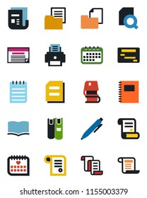 Color and black flat icon set - contract vector, book, pen, notepad, document, medical calendar, folder, news, copybook, search, printer, schedule