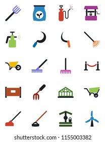 Color and black flat icon set - fence vector, garden fork, farm, rake, wheelbarrow, well, hoe, sickle, greenhouse, sprayer, fertilizer, windmill