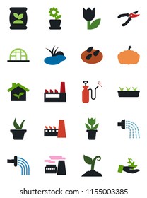 Color and black flat icon set - factory vector, flower in pot, seedling, watering, sproute, pruner, pumpkin, greenhouse, seeds, pond, garden sprayer, fertilizer, tulip, eco house, palm
