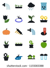 Color and black flat icon set - flower in pot vector, seedling, watering, sproute, rain, plant label, pumpkin, seeds, pond, tulip, house with tree, rolling pin, apple fruit, water filter