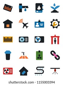 Color and black flat icon set - plane radar vector, security gate, identity card, drip irrigation, barcode, chain, root setup, air conditioner, smart home, water heater, filter, warm floor