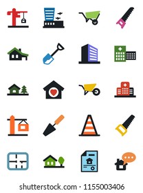 Color and black flat icon set - border cone vector, airport building, office, trowel, shovel, wheelbarrow, saw, hospital, house with garage, tree, plan, estate document, sweet home, crane, message
