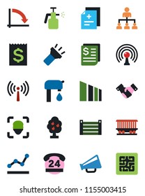 Color and black flat icon set - antenna vector, handshake, hierarchy, crisis graph, garden sprayer, diagnosis, railroad, 24 hours, receipt, container, sorting, loudspeaker, torch, face id, point