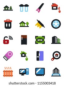 Color and black flat icon set - saw vector, tv, house with tree, estate search, heater, fridge, rolling pin, home control, fan, wireless lock, pc, water filter, eye scan, trash bin, usb flash