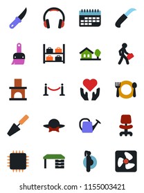 Color and black flat icon set - fence vector, luggage storage, office chair, desk, trowel, watering can, garden knife, fireplace, heart hand, pregnancy, term, headphones, themes, manager, cafe, chip