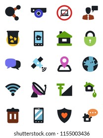 Color and black flat icon set - satellite antenna vector, no laptop, trash bin, lock, mobile phone, speaking man, heart shield, navigation, earth, share, message, wireless, cellular signal, house