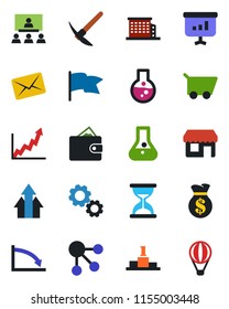 Color and black flat icon set - hierarchy vector, office building, arrow up graph, gear, wallet, money bag, growth, crisis, cart, flask, flag, social media, mail, pedestal, presentation, storefront
